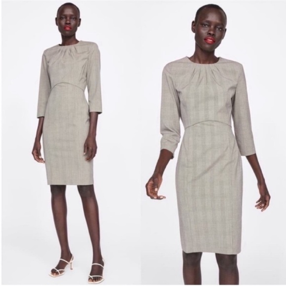 Zara Dresses & Skirts - Zara Secretary sheath dress brown check plaid pencil fitted shoulder pads